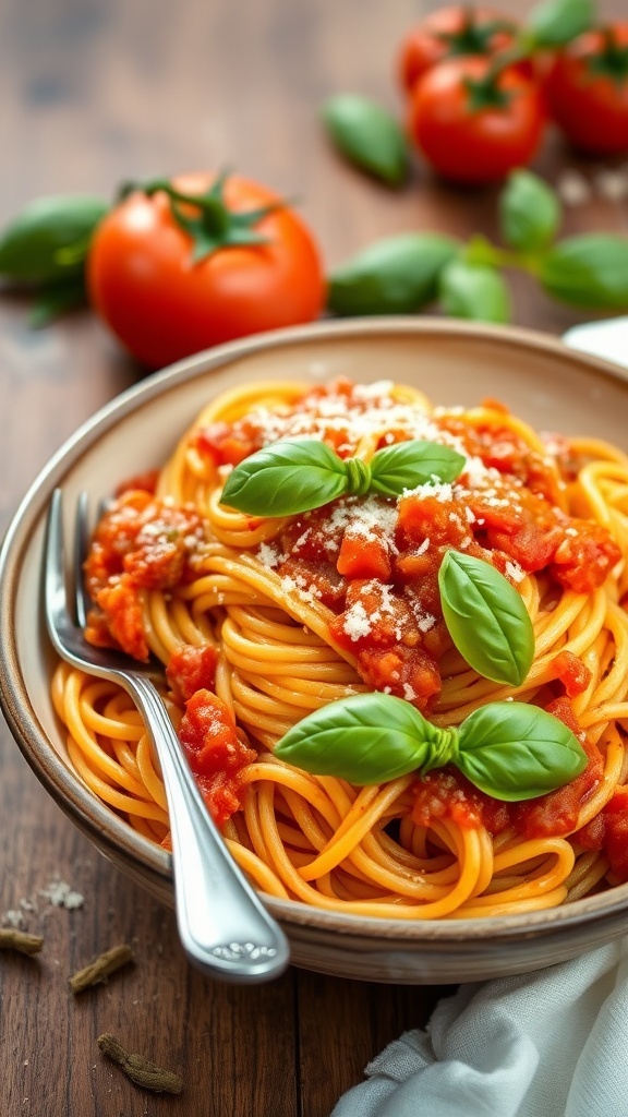 Tomato Basil Pasta Recipe A bowl of spaghetti with tomato basil sauce, garnished with basil and Parmesan cheese, on a wooden table.